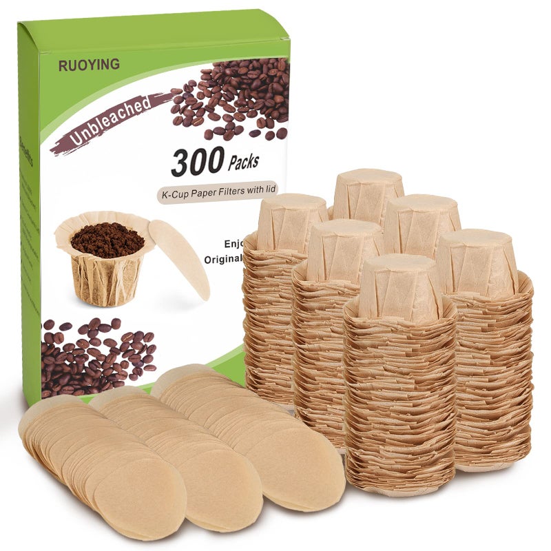 RUOYING Unbleached K cup Coffee Paper Filters with Lid Disposable for Reusable K Cup Filters, Disposable Keurig Filters Unbleached, Fits All Keurig Single Serve Filter Brands (300 pack) - Image 1